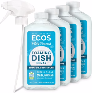 Jabón de platos espumoso ECOS, fórmula en spray poderosa, ahorra agua, limpia y enjuaga - hipoalergénico - libre y claro, 17 fl oz (paquete de 4)