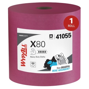 Toallas de limpieza WypAll PowerClean X80, resistentes y de uso prolongado, color rojo. 1 rollo de 455 hojas (total 455 hojas).